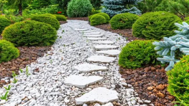 Gartenweg aus Trittplatten mit weißem Zierkies